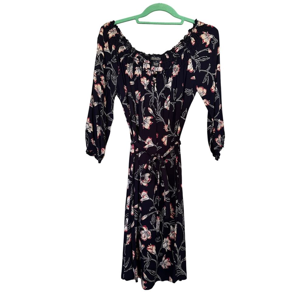 Lucky Brand Live in Love Navy Blue Floral Peasant 3/4 Sleeve Belted Mini Dress S